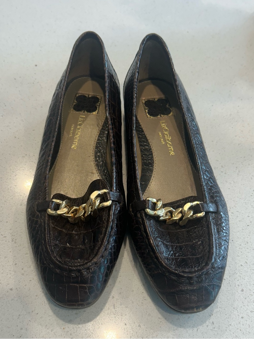 Liz Claiborne Brown Loafers with gold accent chain